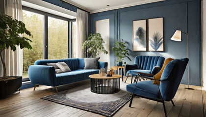 dark blue sofa and recliner chair in scandinavian apartment interior design of modern living room created with generative