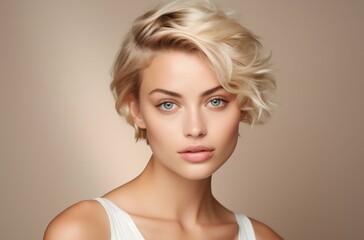 Captivating Blonde Beauty: Cheerful Young Female Model with Flawless Complexion on a Light Beige Canvas. Generative ai