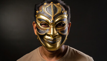 portrait of a man in a strange theatrical mask on a black background