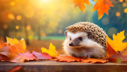 a cute hedgehog sits in autumn leaves against the backdrop of a beautiful autumn landscape banner place for text