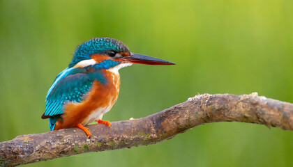 female kingfisher perched on a branch with a green background