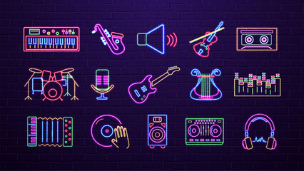 A set of neon bright shiny icons of musical instruments in different colors blue, yellow, red, green, orange on a brick wall background. A concept for music.