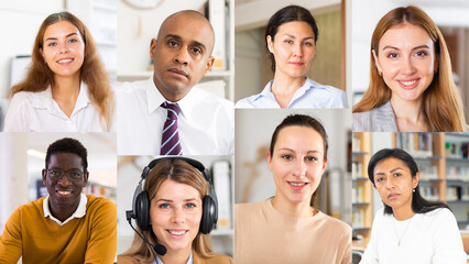 Collage of portraits of an mixed age group of focused business professionals