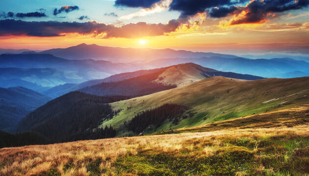 the sun sets over the mountain ranges carpathian mountains ukraine europe