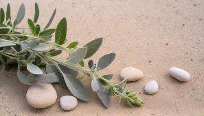 Obraz na płótnie Canvas minimalist nature sage twig and pebble rocks on sand serene botanical background