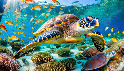 Naklejka na ściany i meble sea turtle surrounded by colorful fish underwater
