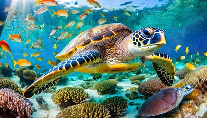 Muurstickers sea turtle surrounded by colorful fish underwater © Alicia
