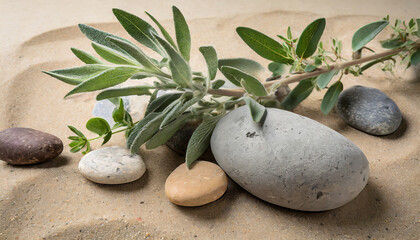 Obraz na płótnie Canvas natural harmony sage twig and pebble rocks on sand serene botanical background