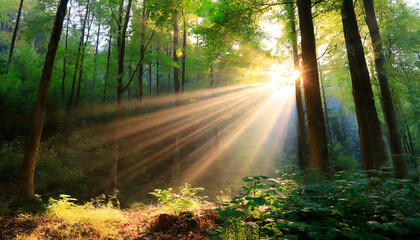 beautiful rays of sunlight in a green forest