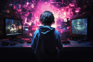 Obraz premium Boy playing video games late at night on two displays. Purple pink abstract color of room. Shot from behind.