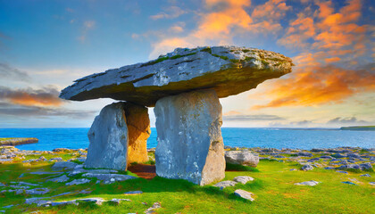 the iconic poulnabrone dolmen one of the most popular tourist attractions of the burren national park county clare ireland - obrazy, fototapety, plakaty