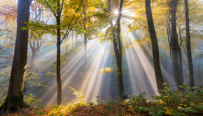 enchanting sun rays falling through the mist in a golden forest in autumn the beauty of nature in vibrant warm autumnal colors of deciduous trees