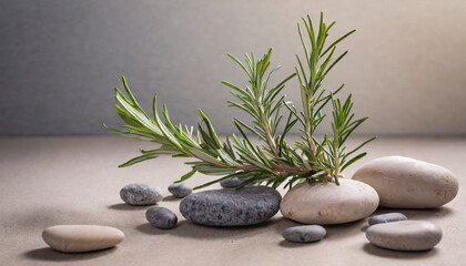 Fototapeta na wymiar tranquil wellness rosemary and pebbles on minimalist neutral background nature series