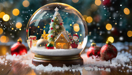 magical snow globe with christmas decorations created with generative ai technology