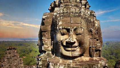 Fototapeta premium smiling face ancient of bayon in angkor thom cambodia
