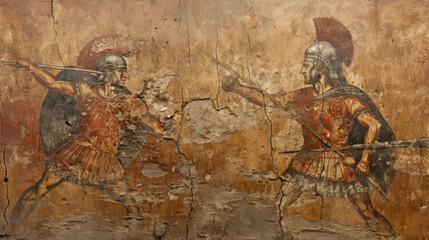 Ancient warriors fight in battle, Greek and Roman art, wall painting of past civilization. Old vintage damaged fresco with soldiers. Theme of Greece, Rome, Sparta, mythology