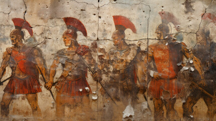 Naklejka premium Ancient Greek or Roman warriors on battlefield, vintage wall fresco of past civilization. Old damaged painting with soldiers armed with spears. Theme of Greece, Rome, Sparta, art