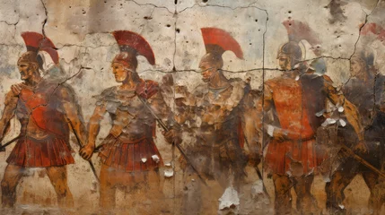 Foto op Canvas Ancient Greek or Roman warriors on battlefield, vintage wall fresco of past civilization. Old damaged painting with soldiers armed with spears. Theme of Greece, Rome, Sparta, art © scaliger
