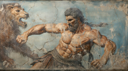 Old wall painting with Hercules fighting lion, Ancient Greek or Roman art. Damaged cracked fresco with hero, artifact of past civilization. Concept of mythology, history