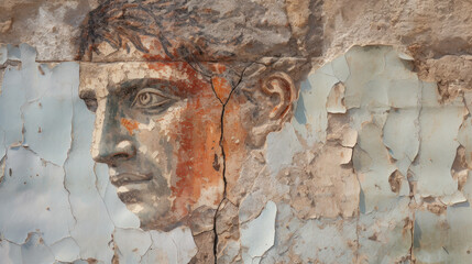 Ancient fresco hidden under damaged plaster and paint, vintage portrait of young man. Artifact of past civilization, old cracked stucco texture background. Theme of Roman Greek art