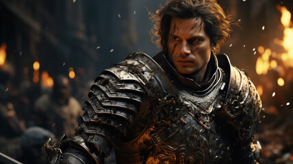 Medieval warrior on battlefield, portrait of knight without helmet. Dramatic scene with soldier in metal armor, handsome man close-up. Concept of war, crusade, history