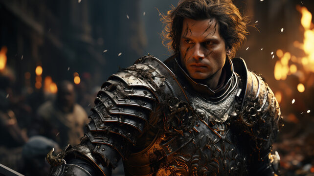Medieval warrior on battlefield, portrait of knight without helmet. Dramatic scene with soldier in metal armor, handsome man close-up. Concept of war, crusade, history