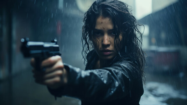 Young woman points gun, adult girl holds weapon at night. Female person with pistol in rain like in thriller movie. Concept of killer, spy, detective, action, murderer