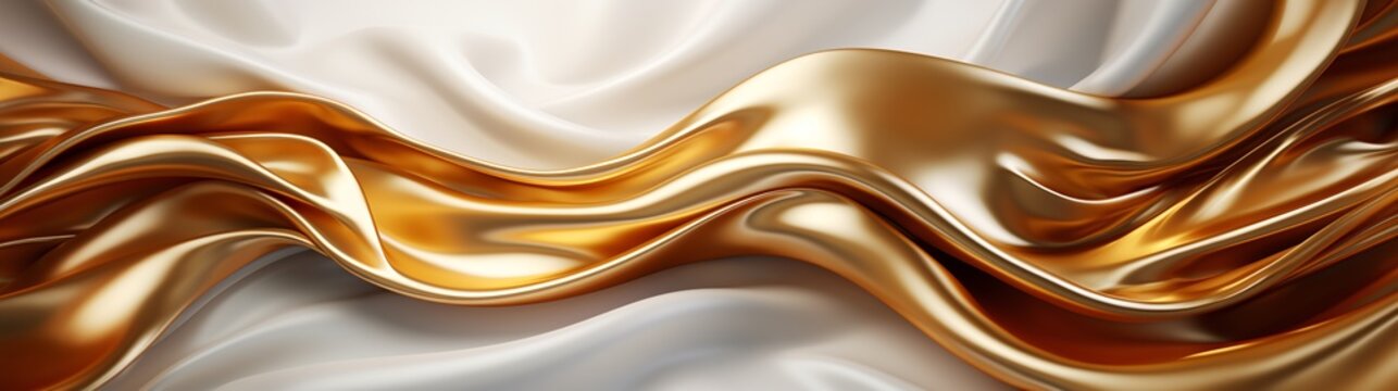 Cloth gold and white or silk, velvet fabric with shiny reflections, curved into soft waves. Flowing beautifully, luxury and elegant. Gold stainless steel, aluminum, metal, cloth material. Top view. © chawalit