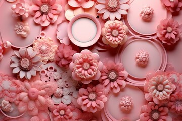 Stunning pink 3D wallpaper adorned with circles and flowers. Generative AI