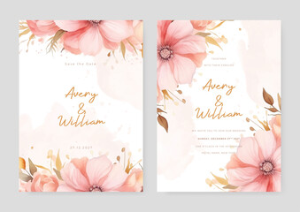 Pink peony elegant wedding invitation card template with watercolor floral and leaves
