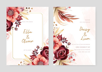 Red and pink poppy and rose wedding invitation card template with flower and floral watercolor texture vector