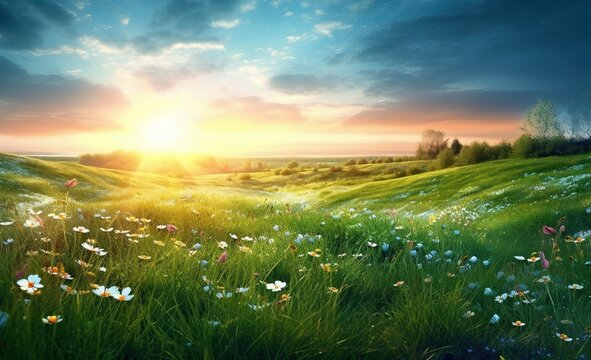 Some beautiful spring meadows wildflowers trees and sun