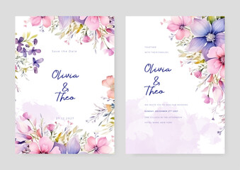 Pink and purple violet cosmos luxury wedding invitation with golden line art flower and botanical leaves, shapes, watercolor