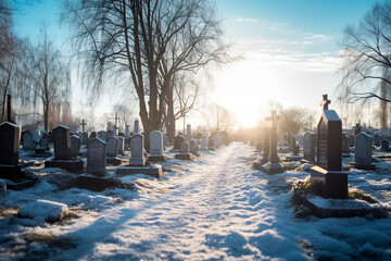 Old cemetery in cold weather. Winter cemetery with graves. Snowy cemetery