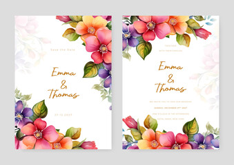 Colorful colourful frangipani artistic wedding invitation card template set with flower decorations