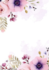 Pink white and purple vector frame with foliage pattern background with flora and flower