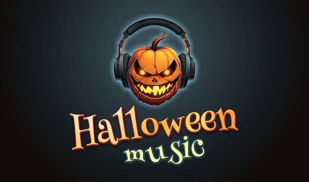 Halloween music - stylized inscription with jack-o-lantern pumpkin in headphones. AI generated