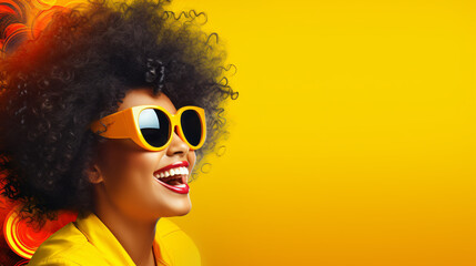 portrait of a happy young woman on a yellow background - obrazy, fototapety, plakaty