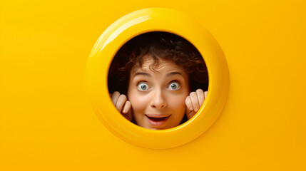 funny woman in a porthole against a yellow background - obrazy, fototapety, plakaty