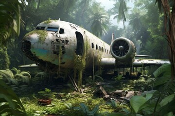 a crashed aircraft rests in the dense jungle surrounded by palm trees and lush tropical plants. Generative AI