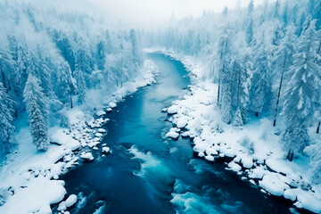 View of the winter forest and river from a bird's-eye view. Aerial shot. Fog in a winter forest. An incredible landscape of the cold season in the wild