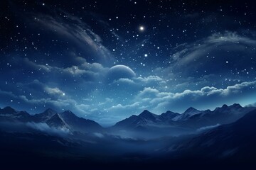 Nighttime scene featuring crescent moon, starry sky, mountains, clouds, and stars. Generative AI