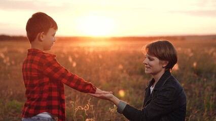 Boy places hand in hand of mother trusting to guide on field at sunset