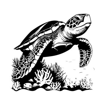 recommend clip art: sea turtle with coral reefs and seaweeds vector,Black and white hand-drawn graphics translated into vector illustration, ai generated.
