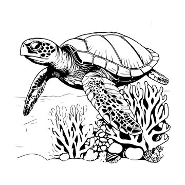 sea turtle with coral reefs and seaweeds vector,Black and white hand-drawn graphics translated into vector illustration, ai generated.