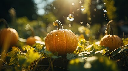  Pumpkin outside in the sunlight with water droplets in air.