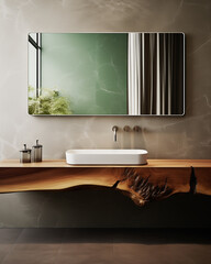 Bathroom interior. Minimalist mirror and sink on a live-edge wooden desk. 