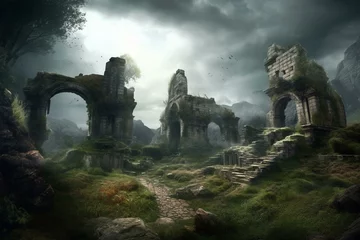 Foto op Canvas Mystical ruins in a mythical realm, an epic quest awaits. Generative AI © Kamila