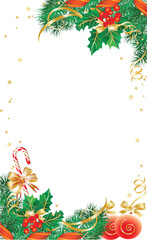 Merry christmas background with pine leaves boarder and frame and colorful christmas balls, stars and snowflakes