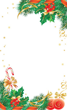 Merry christmas background with pine leaves boarder and frame and colorful christmas balls, stars and snowflakes